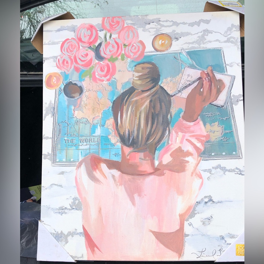 Pink Desk Art Print - Woman Planning with Map from Colleen Kriss